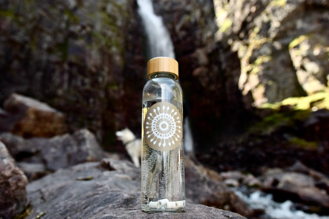 Vattenflaska i glas med handtag